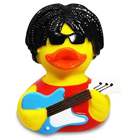 Badeente 'Rockstar' Rockstar, gelbe Quietscheente Rockstar mit Gitarre, Sonnenbrille und schwarzen Haaren, Material: Vinyl, G