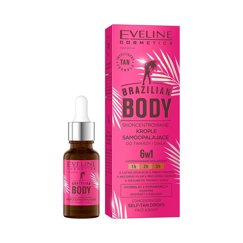 Eveline Cosmetics Brazilian Body Concentrated Self-Tanning Drops for Face and Body - Natural Tan, Fast Absorption, No Streaks, 18ml
