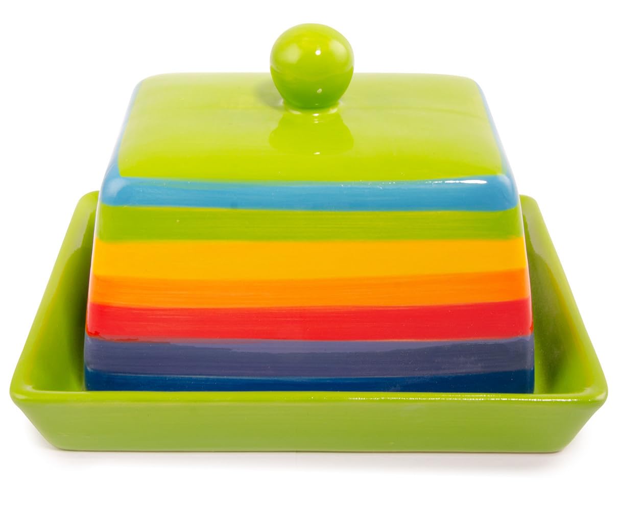 Hand Painted Rainbow Stripe Green Ceramic Butter Dish with Lid