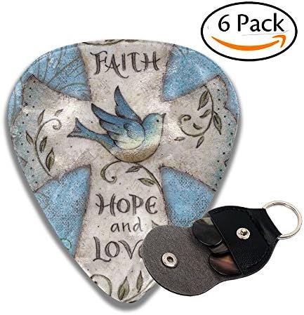 Hope And Love Religious Cross Easter Faith Guitar Picks Plectrums Celluloid For Bass Ukulele Includes Thin, Medium, Heavy Gauges With Leather Pick Holder 6 Pack Same Pattern