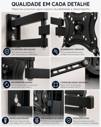 Suporte Articulado para TV 32 a 55 Pol Universal Ajustável até 30kg | Ajuste livre, Metálico, Padrão Vesa, Suporte articulado, Parede TV, 32 a 55 polegadas, Até 30kg