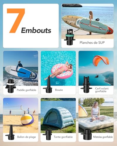 Electric Paddle Inflator 20 PSI - Automatic Shut-Off & Inflation/Deflation, Rechargeable Air Pump with 7 Nozzles for Inflatable Mattress, Sup, Tent, Kayak