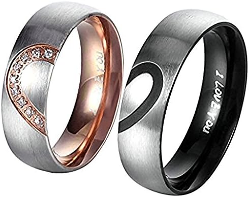 QIUXIA Unique His &amp; Hers Real Love Heart Promise Ring Stainless Steel Couples Wedding Engagement Bands Top Ring, 6mm
