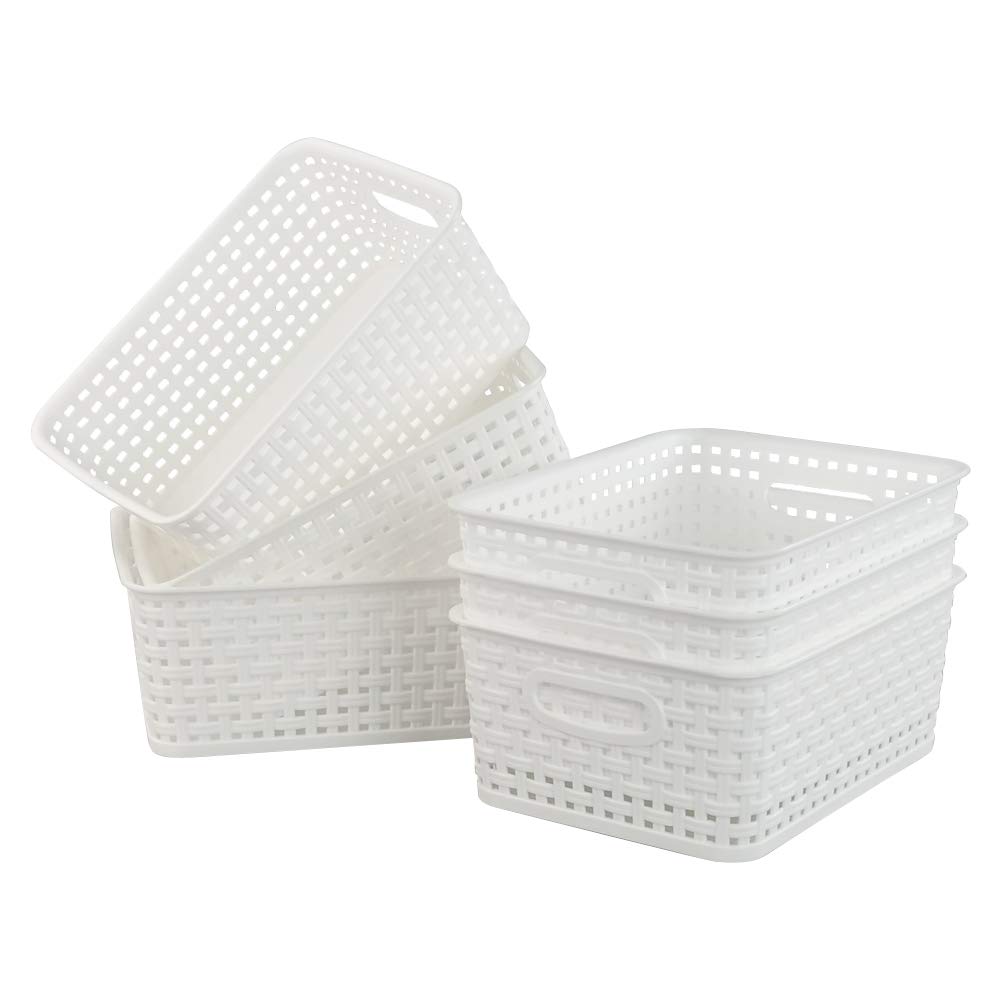 Mayish Weave Storage Basket, Plastic Weave Storage Shelf Baskets, White, 6 Packs
