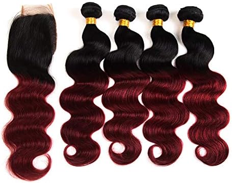 Ombre Brazilian Hair Body Wave Bundles with Closure,Ombre Brazilian Virgin Hair Human Hair Weave Two Tone Black to Burgundy (T1B/99J,20 22 24 26+18)