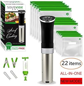 Image of Sous Vide Cooker Immersion Circulator - Sous Vide Starter Kit - Sous Vide Pod 1000W, 15 Bags, Pump, Clips,  Free Cookbook