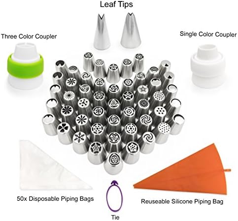 Russian Piping Tips Set - XL 304 Stainless Steel Piping Tips With 50 Nozzle Designs, 50 Disposable Pastry Icing Bags, Tri-Color Coupler, Single Color Coupler, Silicone Piping Bag With Tie, Leaf Tips