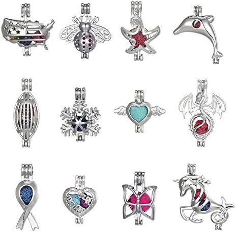 12Pcs Pearl Bead Cage Pendants,Rhodium Plated Aromatherapy Essential Oil Diffuser Locket Pendant Girls Charm Necklace Jewelry Surprise Gifts For Women Random Color (Style 4)