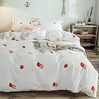 LAYENJOY Strawberry Kids Duvet Cover Set Twin, 100% Cotton Bedding, Cartoon Tropical Strawberry Star Pattern Printed on White Reversible, Fruit Comforter Cover for Boys Girls Single Bed, No Comforter