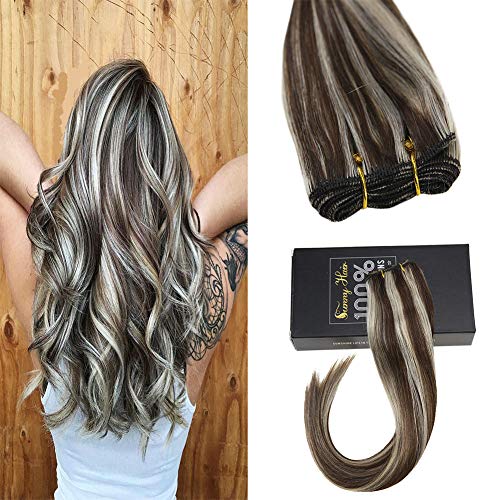 Sunny 7A Quality 100% Balayage Human Hair Bundles Weft Extensions Sew In Hair Extensions Human Hair Dark Brown Fading to Bleach Blonde 20inch One Bundle 100G Weight