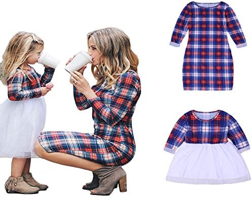 Mommy and Me Matching Plaid Long Sleeve Shirt Dress Princess Tulle Tutu Dress Parent-Child Family Outfits Clothes