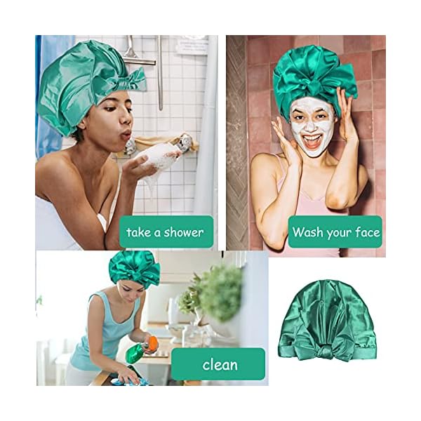 Double-Layer-Large-Shower-Caps-Bowknot-Bath-Hair-Cap-Reusable-Waterproof-Ribbon-Turban-Sleep-Cap-Adjustable-Bath-Cap-with-Elastic-Band-for-Women-Girls-Spa-Beauty-Hair-Care-Home-Travel-Use-Dark-Green Double Layer Large Shower Caps Bowknot Bath Hair Cap Reusable Waterproof Ribbon Turban Sleep Cap Adjustable Bath Cap…