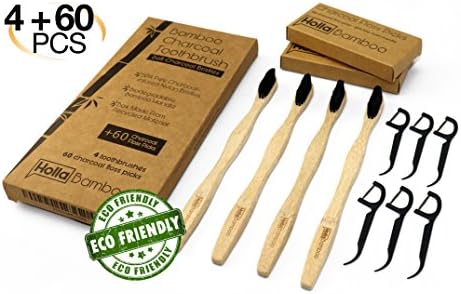 4 Pack Natural Bamboo Toothbrush + BONUS 60 Charcoal Floss Picks, Biodegradable, Soft Charcoal-Infused Nylon Bristles