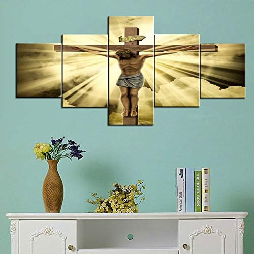 Jesus Christ on the Cross with Clouds Canvas Wall Art Paintings Cultural Religion 5 Piece Pictures Home Decor for Living Room,Artwork Framed Gallery-wrapped Stretched Ready to Hang(50''Wx24''H)