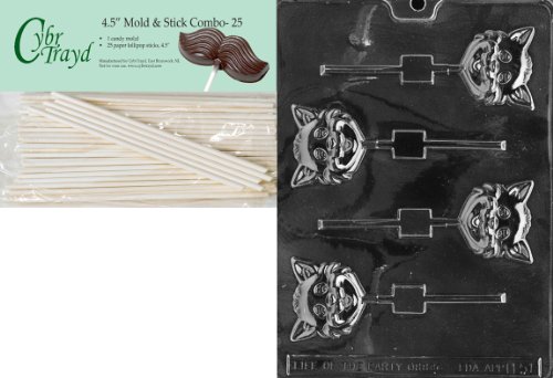 Cybrtrayd 45St25-H051 Cat Head Lolly Halloween Chocolate Candy Mold with 25 4.5-Inch Lollipop Sticks