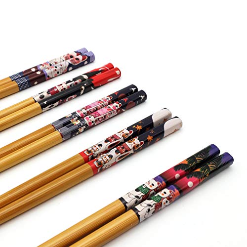 5 Pairs Chopsticks and Chopstick Rest Set, Cute Lucky Cat Chopsticks Holder 5 Cats, Classic Japanese Style Bamboo Natural Reusable Chopsticks, Dishwasher - Safe, Chopsticks Holder Gift Set (Lucky Cat) - Thumbnail 6