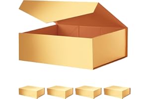 JINGUAN Large Gold Collapsible Gift Boxes with Magnetic Closure Lids 13.5x9x4.1 Inches, Bridesmaid Proposal Boxes, Rectangle Present Boxes (Glossy Gold, 5 Pack)