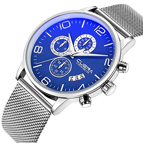 Mens Business Watches Stainless Steel Mesh Band Chronograph Watch Date Quartz Wristwatch Blue