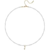 Initial Pearl Necklaces for Women 14K Gold Plated Dainty Pearl Chain Necklace Initial Charm Pendant Pearl Choker Jewelry
