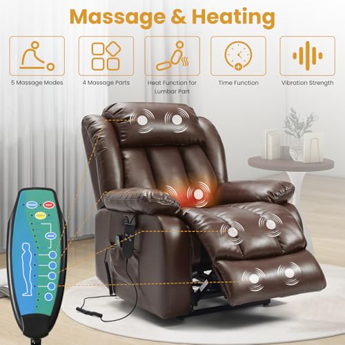 Elderly Dual Motor Power Lift 180° Lay Flat Leather Recliner Chair Brown | USB-C Charging Port, Massage & Lumbar Heat, Side Pocket, Remote, Easy Assembly