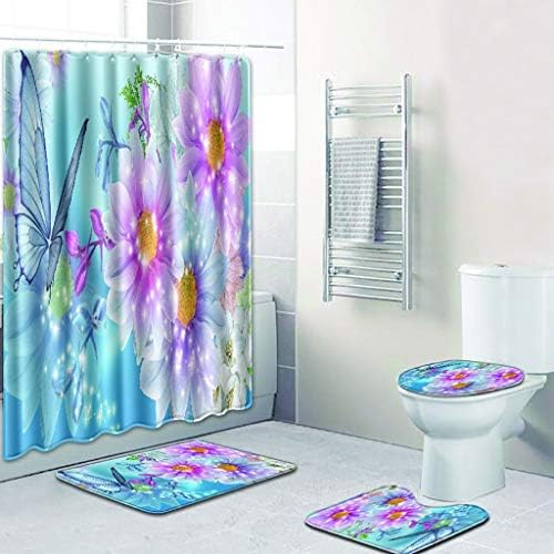 Shower Curtain, Zariavo Butterfly Printed Toilet Pad Cover Bath Mat Shower Curtain 72x72inch, Set of 4pcs