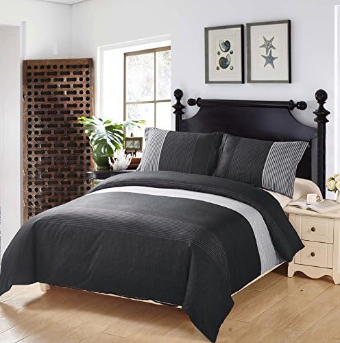 3 Piece Duvet Cover and Pillow Shams Bedding Sets, Reversible Quilt Sets Microfiber Wrinkle Fade Stain Resistant Breathable Soft (Full(90inch x 80inch), Black Stripe)