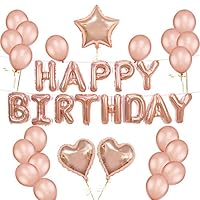 K KUMEED Rose Gold Balloons Decorations Set Happy Birthday Banner 12" Rose Gold Balloon and Star Heart Foil Balloons with Gold String for Party Supplies