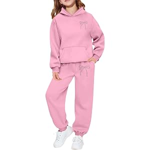 Girls 2 Piece Outfits Bow Graphic Print Hoodie Sweatpants Set Sweatshirt and High Waist Sweatpants Cute Tracksuit