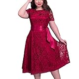 Faaaashion Women's Vintage Plus Size Floral Lace Dress with Belt Solid Color L-6XL