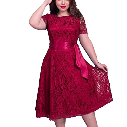 Faaaashion Women's Vintage Plus Size Floral Lace Dress with Belt Solid Color L-6XL