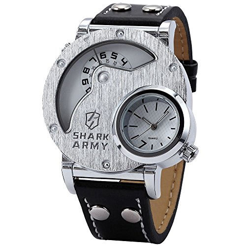 SHARK ARMY Big Case Dual Time Zone Outdoor Leather Strap Quartz Sport Wrist Watch SAW054