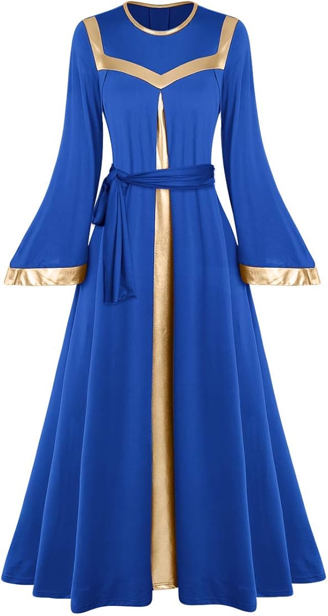 Women Gold Metallic Bell Long Sleeve Praise Dance Dress with Waistband Liturgical Dancewear Church Robe Worship Costume: Clothing