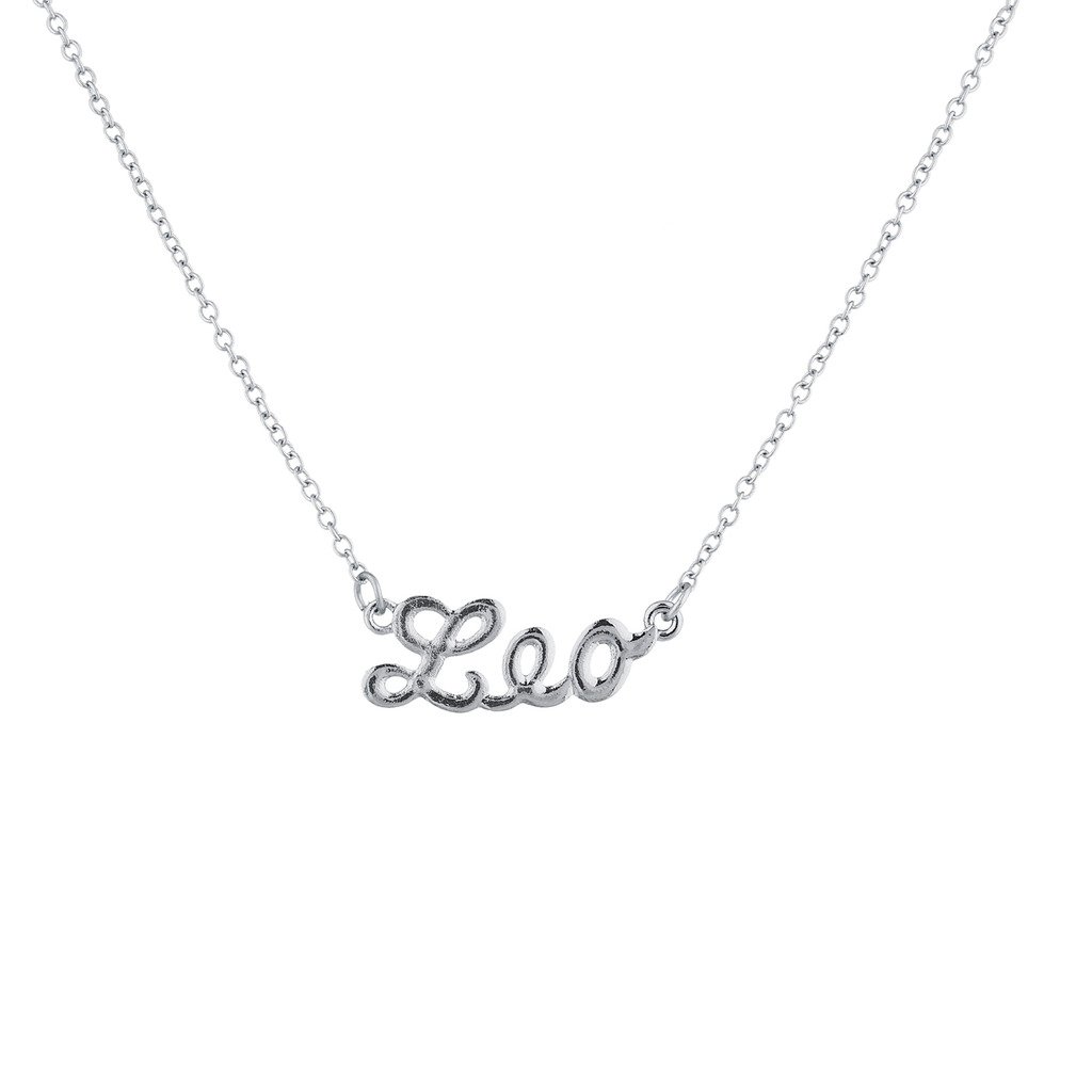 Silver Tone Leo Astrological Script Nameplate Necklace