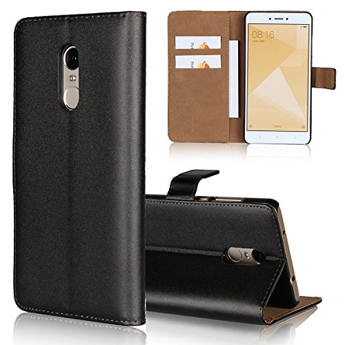 Jaorty Xiaomi Redmi Note 4X Case, Genuine Leather Folio Flip Wallet Case Cover Book Design Kickstand Feature & Magnetic Closure & Card Slots/Cash Compartment-Black