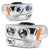 For 00-06 GMC Sierra/Yukon Denali Halo Projector Headlight Assembly w/LED + Parking Bumper Lamp, Chrome Housing Clear Lens, One-Year Limited Warranty (Driver and Passenger Side)