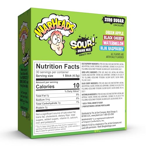 WARHEADS SINGLES TO GO SOUR DRINK MIX, 30 STICKS, VARIETY PACK (GREEN APPLE, BLACK CHERRY, WATERMELON, BLUE RASPBERRY), ZERO SUGAR, LOW CALORIE