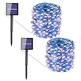 LITOM 100 LEDs Solar String Lights, 33ft Outdoor String Lights 8 Modes Waterproof Decorative Fairy Light for Patio Garden Gate Yard Party Wedding Christmas Thanksgiving Halloween 2 Pack(Blue)