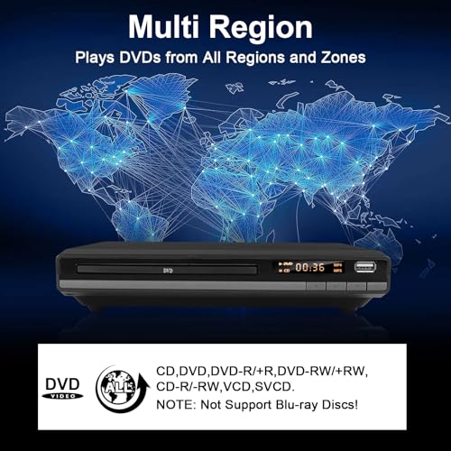 Compact HD DVD Player for TV HDMI AV Output with Cable Included, 1080P DVD-CD Player with USB Input, All Regions Free, Error Correction, Integrated PAL NTSC System (Black DVD-168)