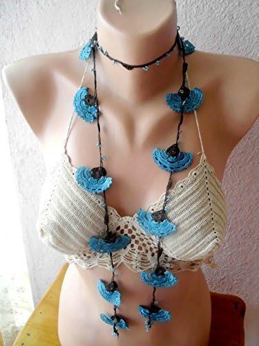 Crochet necklace, elegant necklace, boho necklace, blue crochet necklace, crochet flower jewellry