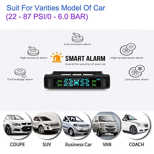 Car TPMS, Tire Pressure Monitor System, with 4 External Sensors, Solar Power Universal Real-time LCD Display 4 Tires Pressure and Temperature Monitor, Auto Safe Warning (Color Screen) - Thumbnail 5