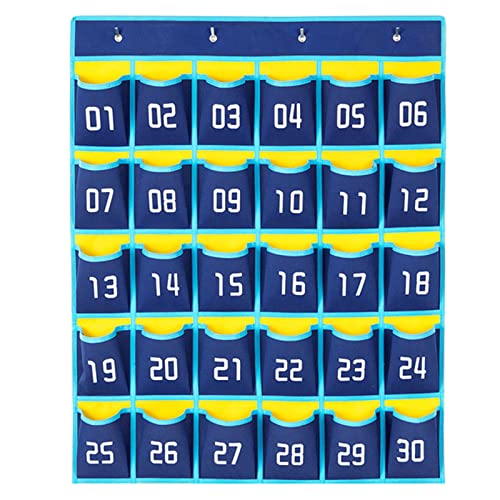 Classroom Numbered Pouch, 30 Hanging Storage Bag for Mobile Phone Calculators Pocket Board with 4 Hooks, Over the Door Phone Organizer (Light Blue)