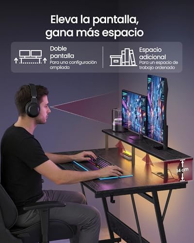Secretária de jogos com luzes LED e tomadas de alimentação embutidas, secretária com prateleira para 2 monitores, mesa de quarto de escritório, 100 x 55 cm, preto ébano LWD191B56V2