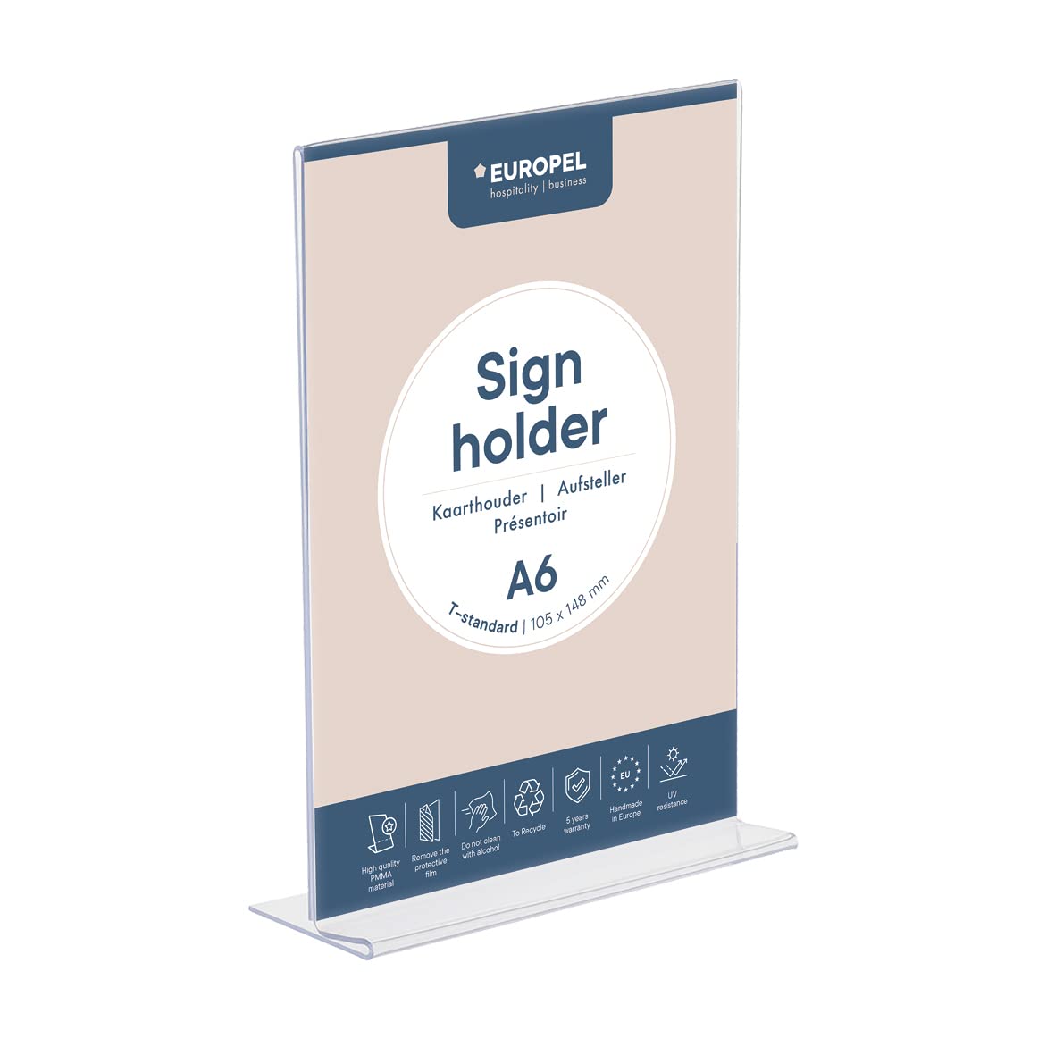 EUROPEL Sign Holder (T-Standard, A6 Size, Portrait) – Clear Acrylic Construction – Double Sided Poster, Menu & Leaflet Display Holder with Acrylic Base – Free Standing Design
