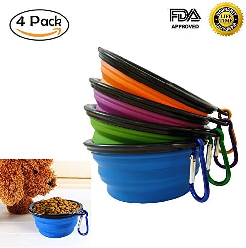 4 x Collapsible Pet Bowls 5.1" Diameter Silicone Folding Bowls for Cats Dogs with Carabiner Belt Clip (Blue Purple Green Orange)