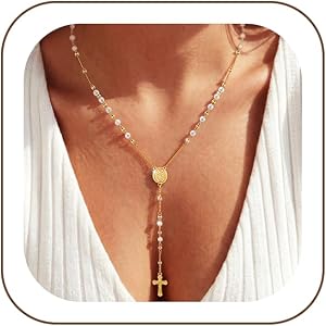 CTEEGN 14K Gold/Silver Plated Miraculous Medal Rosary Cross Necklace Women | Miraculous Medal Y-Chain Rosary Necklace, Premiu