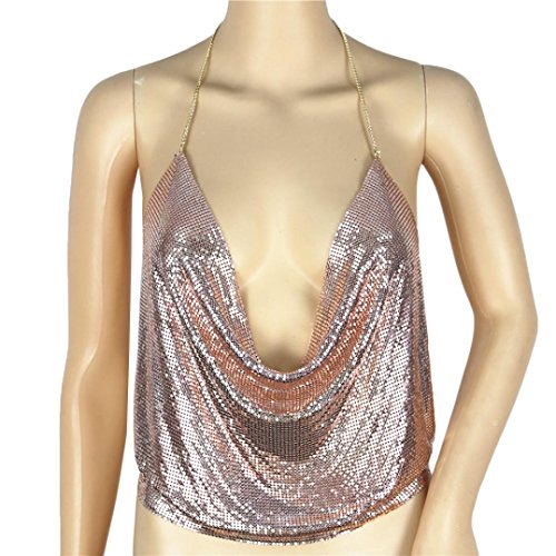 TLOOWY Sequins Crop Tops, Women Sexy Halter V-Neck Vest Tank Tops Backless Sleeveless Bra Club Wear Nightclub (Rose Gold) - Thumbnail 2