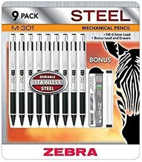 (Pack of 2) Zebra Steel Mechanical Pencil 9 Pack M-301 Bonus Lead and Erasers (18 Pencils Total)