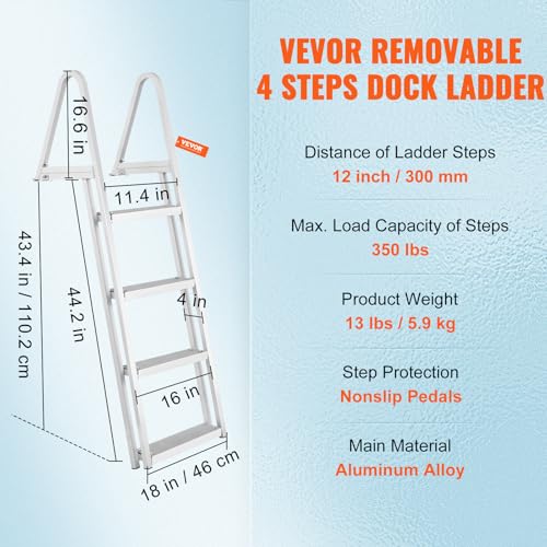 VEVOR Dock Ladder, Removable 4 Steps, 350 lbs Load Capacity, Aluminum Alloy Pontoon Boat Ladder with 4'' Wide Step & Nonslip Mat, Easy to Install for Ship/Lake/Pool/Marine Boarding