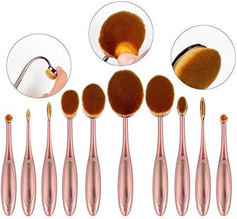 QITAO 10 Pcs Oval Brushes Set Packed with Box Foundation Contour Blush Concealer Eyebrow Eyeliner Blending Cosmetics Brushes Toothbrush Curve Makeup Tools Set (Rose Golden)