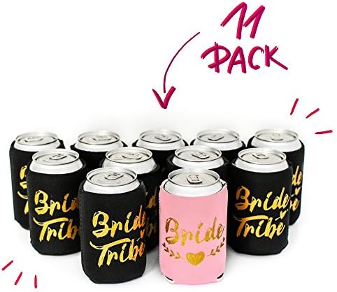 Bride Tribe Koozies 11pc - Bachelorette Party Coozies, Golden Glitter Print, Team Bride, Perfect Fit Drink Cooler, Bridesmaid Engagement Favors, Bridal Shower Decorations
